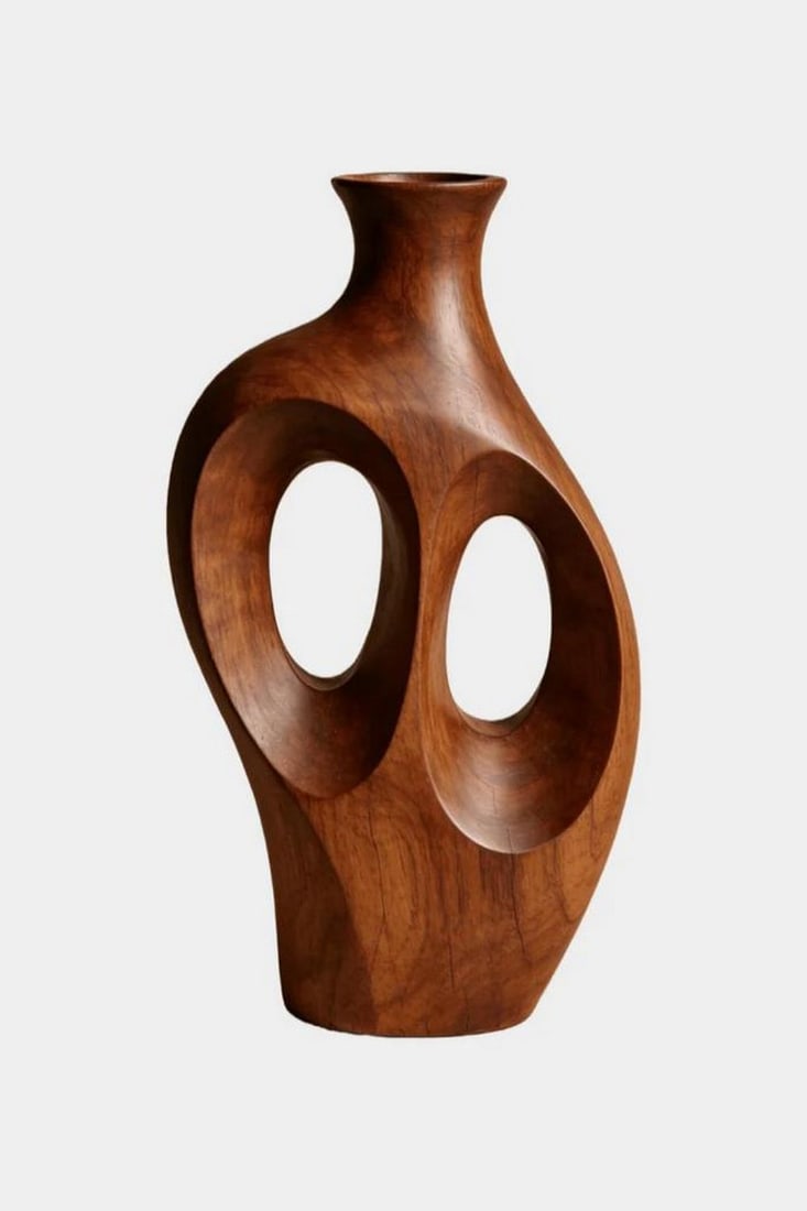 Dual Aperture' - Contemporary Carved Wooden Vase: 'Dual Aperture' - Contemporary Carved Wooden Vase An exploration of balance and negative space, this sculptural vase features a tall, tapering neck rising from a rounded body carved with two oval cuto