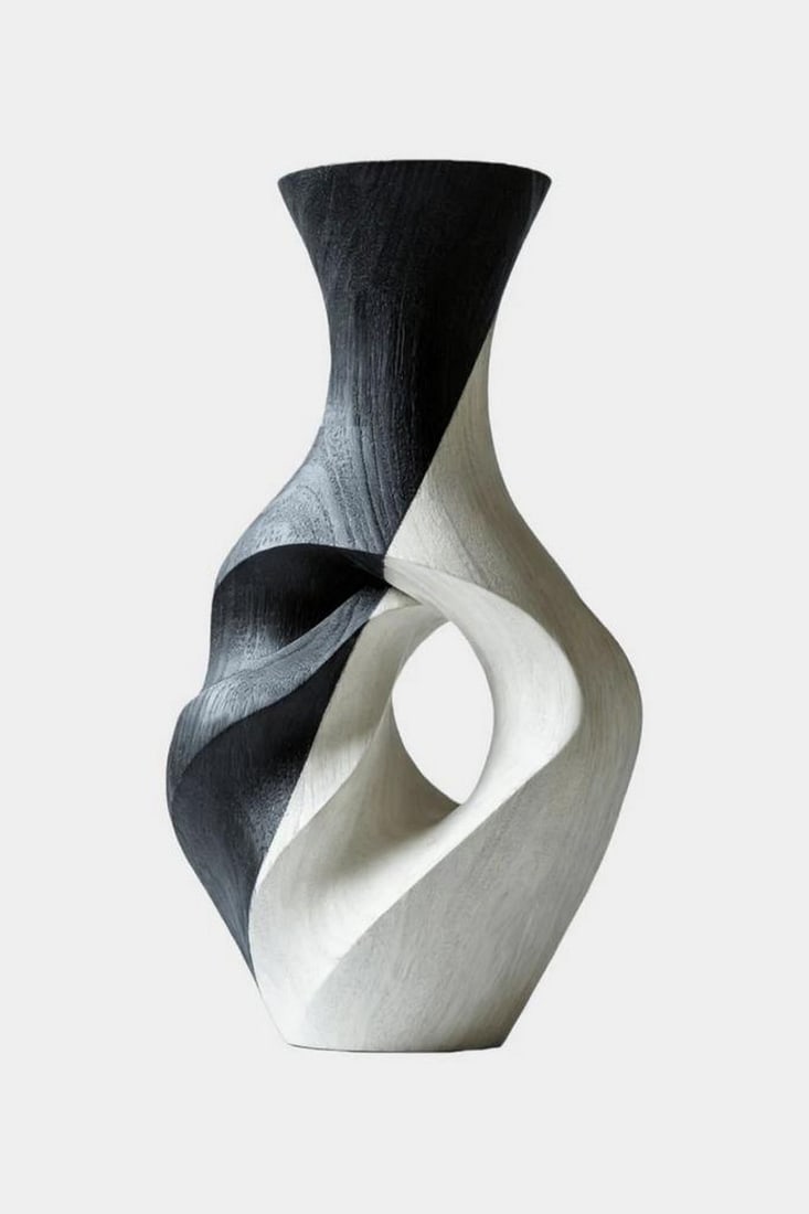 Interwoven Contrast Spiral' - Contemporary Wooden Vase: 'Interwoven Contrast Spiral' - Contemporary Wooden Vase A striking sculptural form defined by movement and contrast, this vase features a flowing twist where deep charcoal and pale natural wood tones 