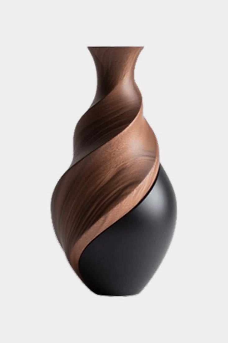 Spiral Crest' - Contemporary Wooden Vase: 'Spiral Crest' - Contemporary Wooden Vase A bold convergence of texture and motion, this sculptural vase features a twisted silhouette where matte black meets warm wood grain in a seamless spiral. The