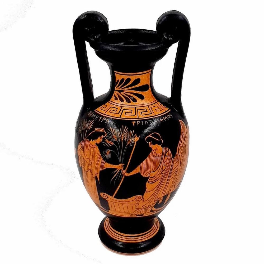 Red-Figure Greek Amphora - Triptolemus with Demeter and Persephone Replica: Red-Figure Greek Amphora - Triptolemus with Demeter and Persephone Replica This 24 cm Ancient Greek amphora reproduction is painted in the red-figure technique, developed in Athens around 520 BC and u