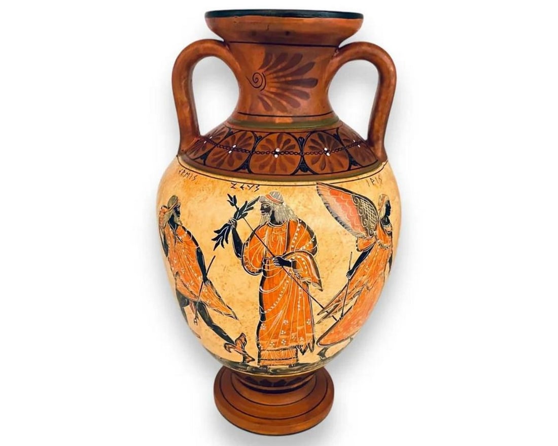 Greek Pottery Amphora - Apollo with Artemis and Leto, Zeus with Hermes and Iris Replica: Greek Pottery Amphora - Apollo with Artemis and Leto, Zeus with Hermes and Iris Replica This is a reproduction of an Ancient Greek Amphora depicting Olympian gods. Traditionally, amphorae were used fo