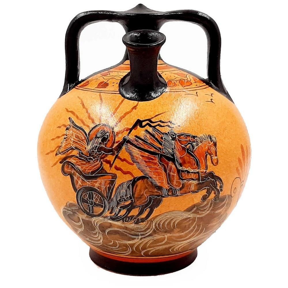 Phaethon and Athena Pseudostomos Amphora Replica, Classical Greek Style: Phaethon and Athena Pseudostomos Amphora Replica, Classical Greek Style Enhance your decor with a ceramic pseudostomos amphora replica, a storage and transport jar form that reflects the aesthetics an