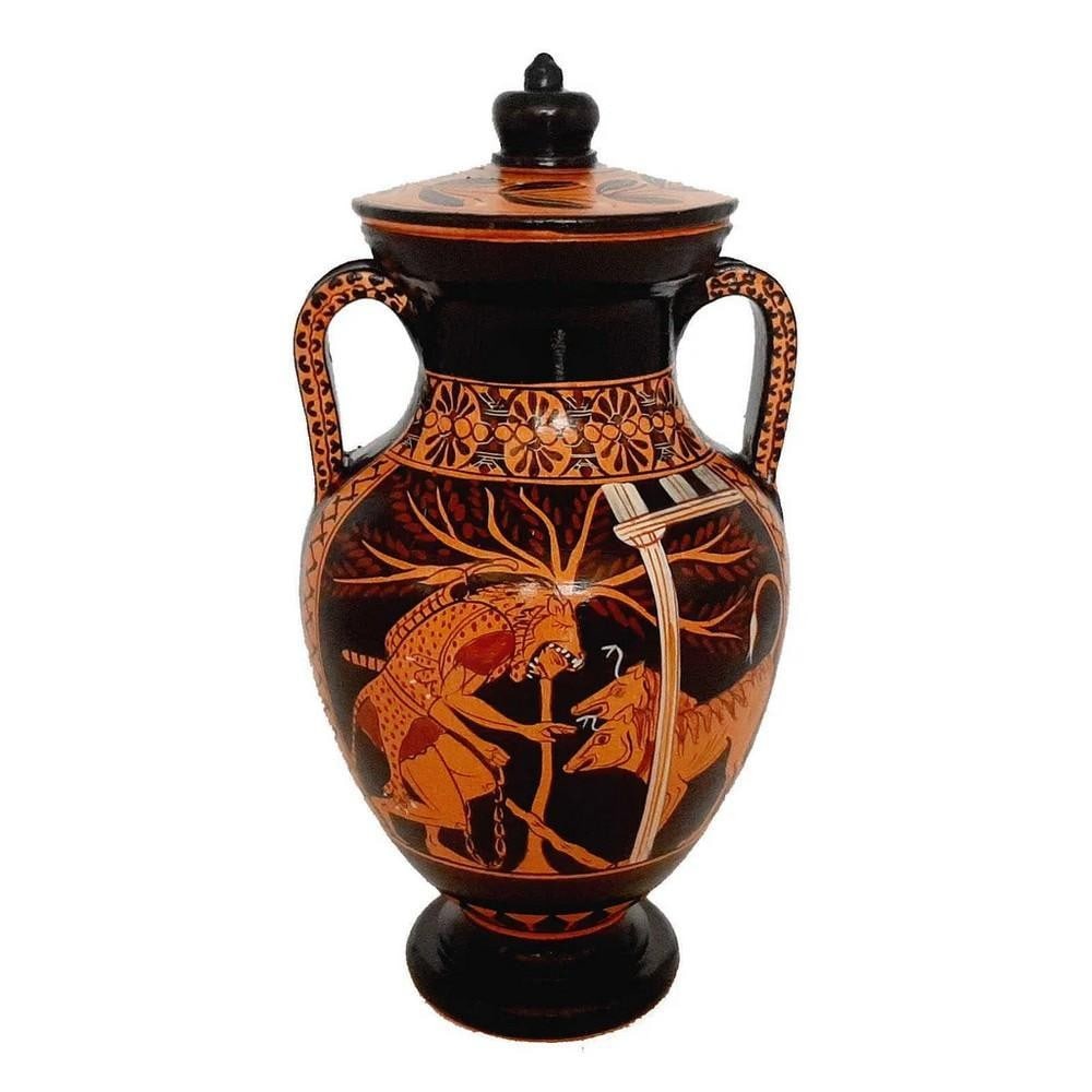 Red-Figure Greek Amphora with Lid, Hercules and Cerberus Replica: Red-Figure Greek Amphora with Lid, Hercules and Cerberus Replica Enhance your decor with a Red-Figure Amphora reproduction with lid from Ancient Greece. Amphorae were traditionally used for storing wi