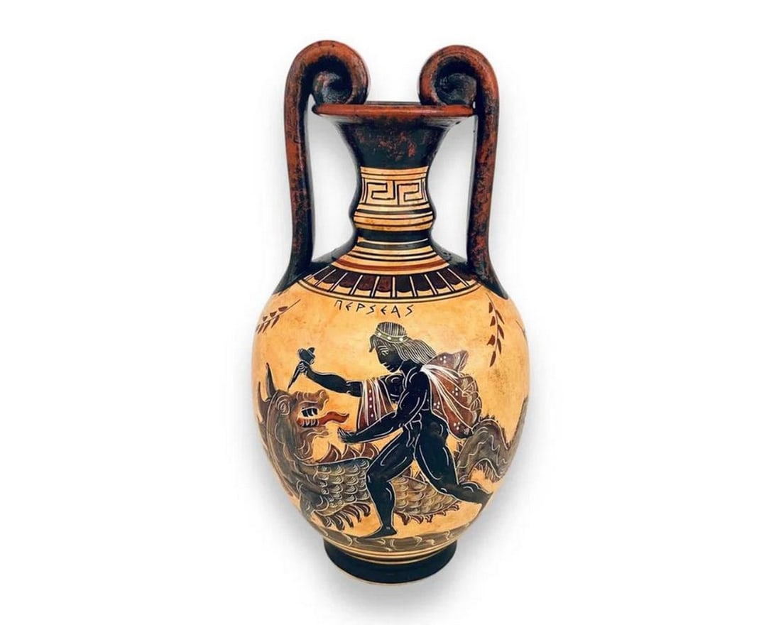 Perseus Slaying the Dragon and Hephaestus with Thetis - Ancient Greek Amphora: Perseus Slaying the Dragon and Hephaestus with Thetis - Ancient Greek Amphora This reproduction of an Ancient Greek amphora depicts mythological heroes in vivid detail. Traditionally, amphorae were us