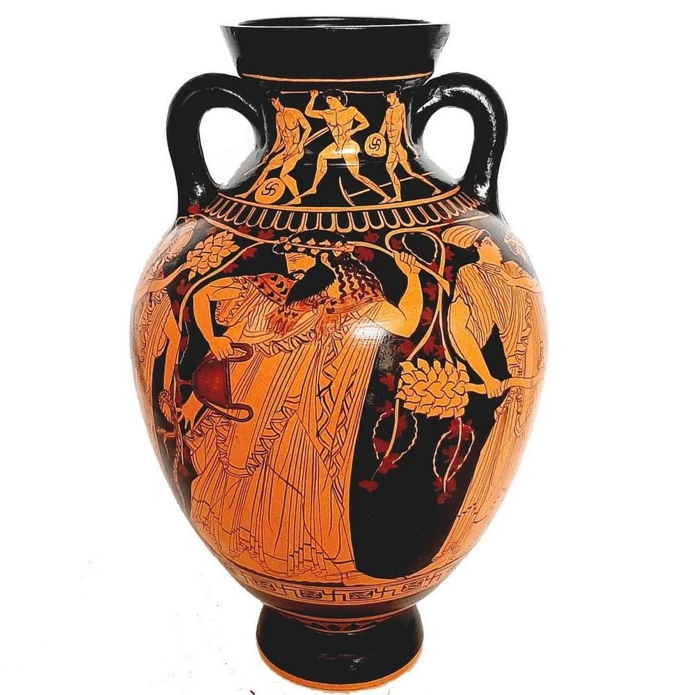 Red-Figure Panathenaic Amphora - Dionysus with Maenads and Satyrs Replica: Red-Figure Panathenaic Amphora - Dionysus with Maenads and Satyrs Replica This 31 cm Ancient Greek Panathenaic amphora reproduction is painted in the red-figure technique, developed in Athens around 5