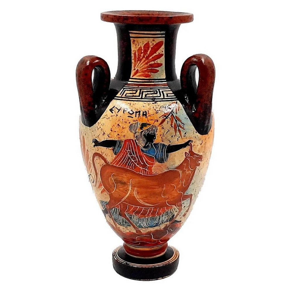 Ancient Greek Amphora 22cm - Europa and Goddess Nike: Ancient Replica Greek Amphora 22cm - Europa and Goddess Nike This amphora replica captures the elegance of classical Greek art. Designed in a multicolored finish with a weathered, sea-aged appearance,