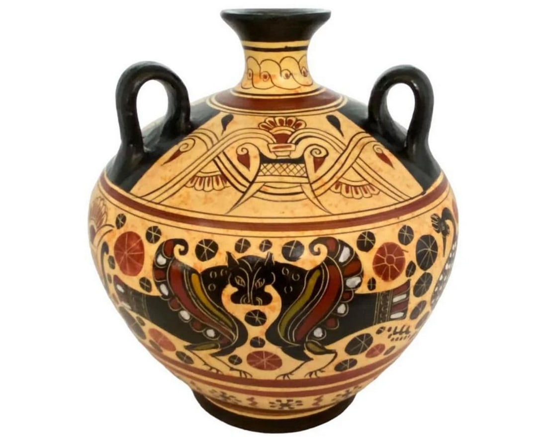 Greek Pottery Vase - Three-Handle Seated Amphora, Ancient Corinthian Art Reproduction (1 of 4)