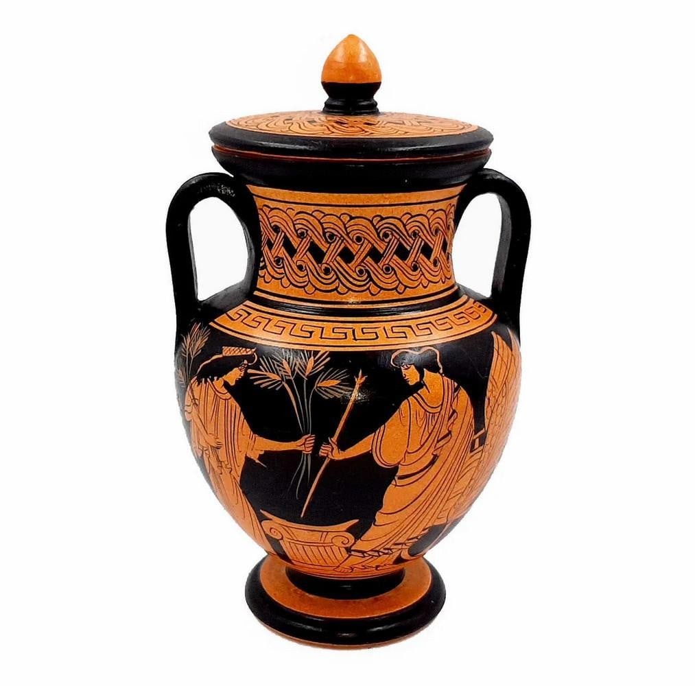 Red-Figure Greek Replica Vase Amphora - Demeter & Triptolemus: Red-Figure Greek Replica Vase Amphora - Demeter & Triptolemus Enhance your decor with a Red-Figure Amphora with lid from Ancient Greece. This amphora was traditionally used for storing wine and olive.