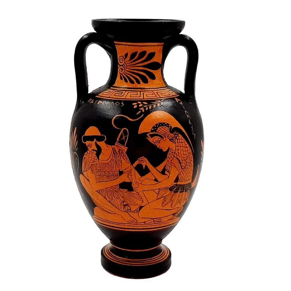 Ancient Greek Red Figure Amphora - Achilles with Patroclus, Zeus with Ganymede Replica: Ancient Greek Red Figure Amphora - Achilles with Patroclus, Zeus with Ganymede Replica Enhance your decor with an Ancient Greek Amphora reproduction from the 6th Century B.C., painted in the Red Figur