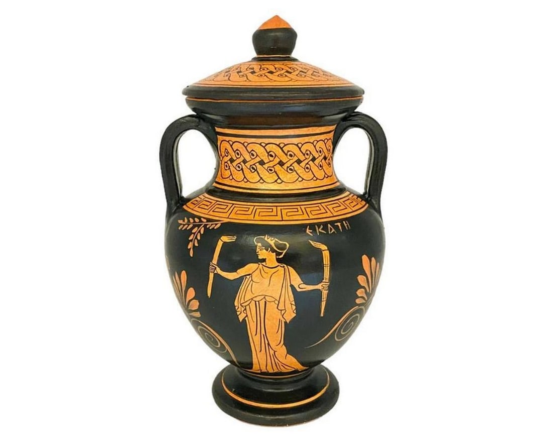 Ancient Greek Red-Figure Amphora with Lid - Hecate and Artemis Replica: Ancient Greek Red-Figure Amphora with Lid - Hecate and Artemis Replica Enhance your decor with a red-figure amphora with lid from Ancient Greece. Amphorae were two-handled vases used for storing wine,