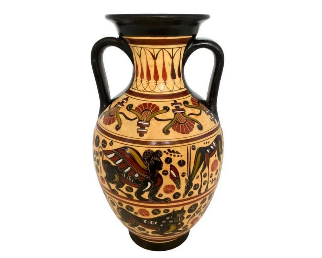 Greek Pottery Amphora Vase - Ancient Corinthian Art Replica: Greek Pottery Amphora Vase - Ancient Corinthian Art Replica This amphora is a fine reproduction inspired by Corinthian pottery, one of the most prominent styles in ancient Greece. Corinthian art