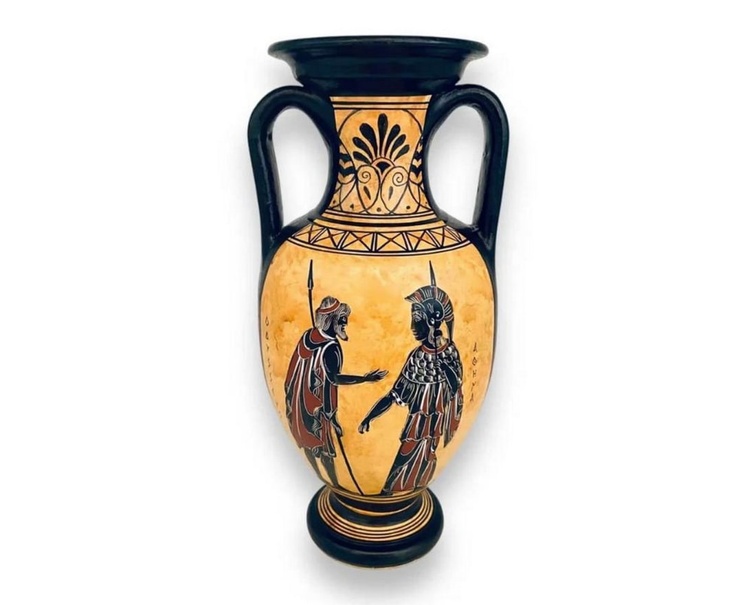 Amphora Vase - Athena with Odysseus, Sisyphus - Black Figure Pottery Reproduction: Amphora Vase - Athena with Odysseus, Sisyphus - Black Figure Pottery Reproduction This amphora is a reproduction in the black-figure style, illustrating mythological performances from Ancient Greek