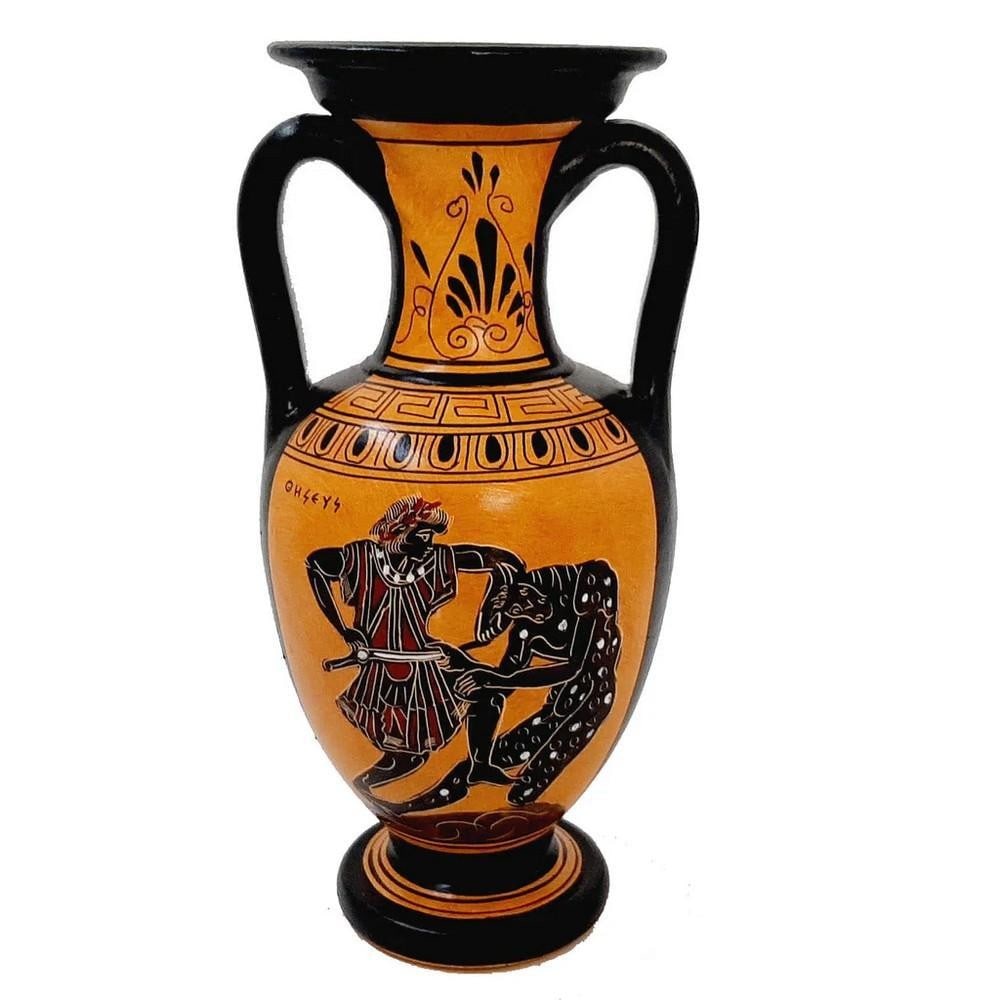 Greek Amphora Vase - Theseus and the Minotaur, Black Figure Pottery Replica: Greek Amphora Vase - Theseus and the Minotaur, Black Figure Pottery Replica This Ancient Greek amphora, a Black Figure vase from the 6th century B.C., was traditionally used for storing olive oil and 