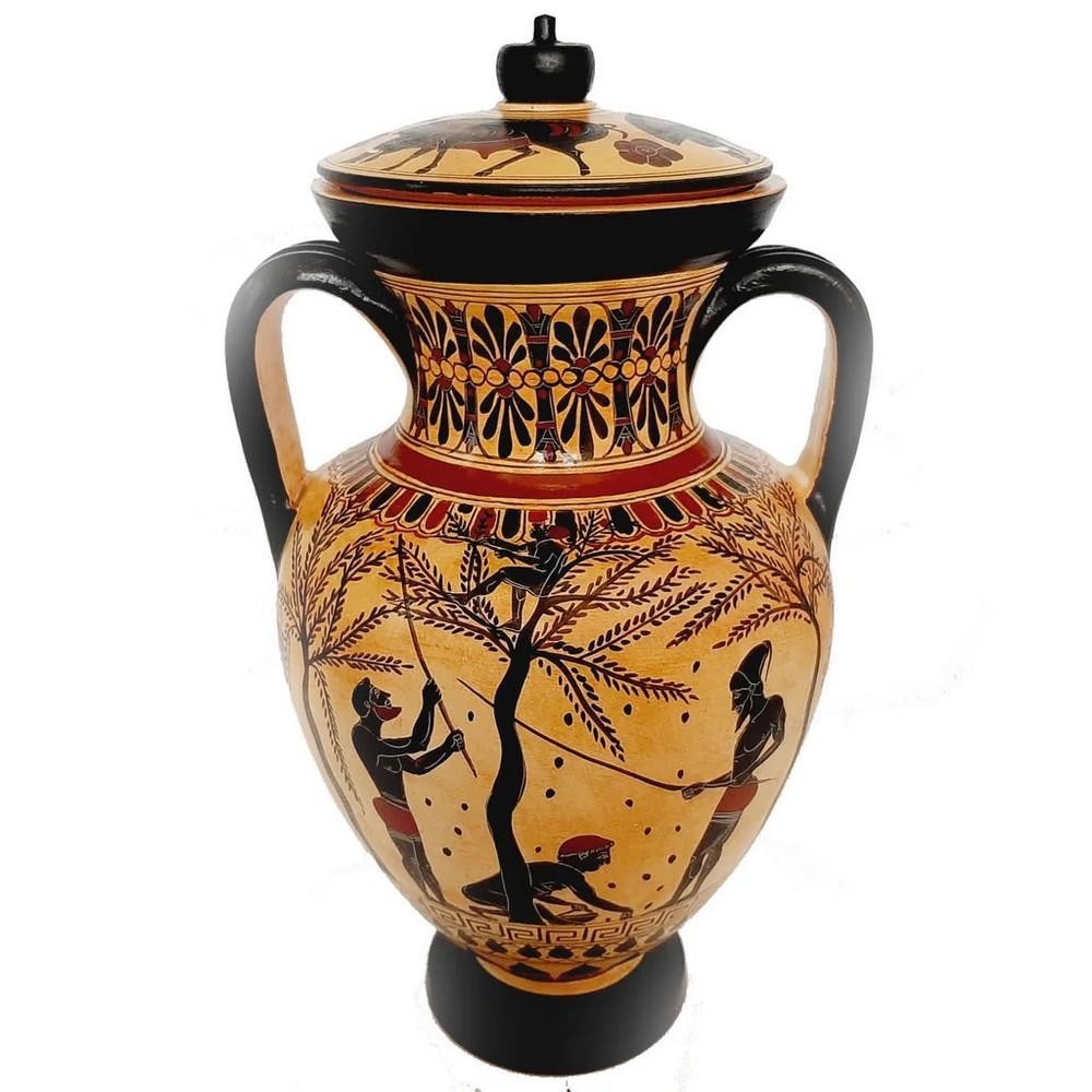 Black Figure Replica Amphora with Lid - Olive Harvesting and Pholos Receiving Heracles Replica: Black Figure Replica Amphora with Lid - Olive Harvesting and Pholos Receiving Heracles Enhance your decor with an Attic black-figured amphora reproduction, a museum replica attributed to the
