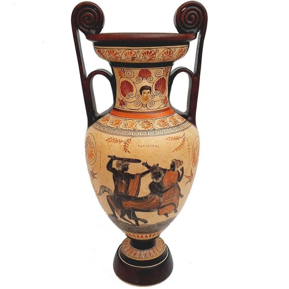 Greek Amphora Vase - Achilles with Briseis, Hercules with Centaur Replica: Greek Amphora Vase - Achilles with Briseis, Hercules with Centaur Replica Enhance your decor with a large Greek Amphora reproduction inspired by Ancient Greece, 6th century BC. This amphora,