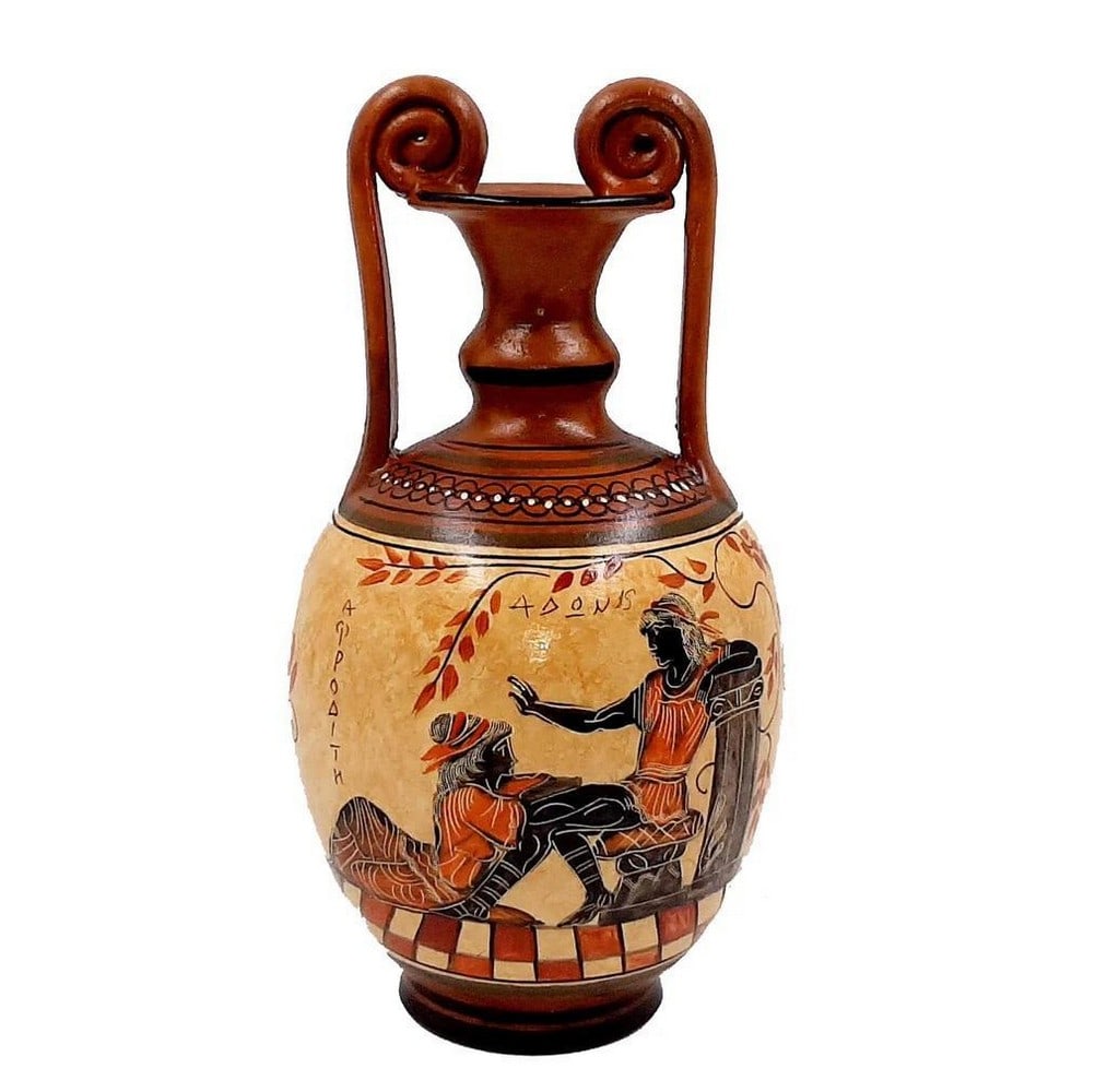 Greek Amphora Vase 24cm - Goddess Aphrodite with Adonis: Greek Amphora Vase Replica 24cm - Goddess Aphrodite with Adonis Experience this Greek Amphora Vase, a hand-painted reproduction inspired by classical pottery. The main scene depicts Goddess Aphrodite