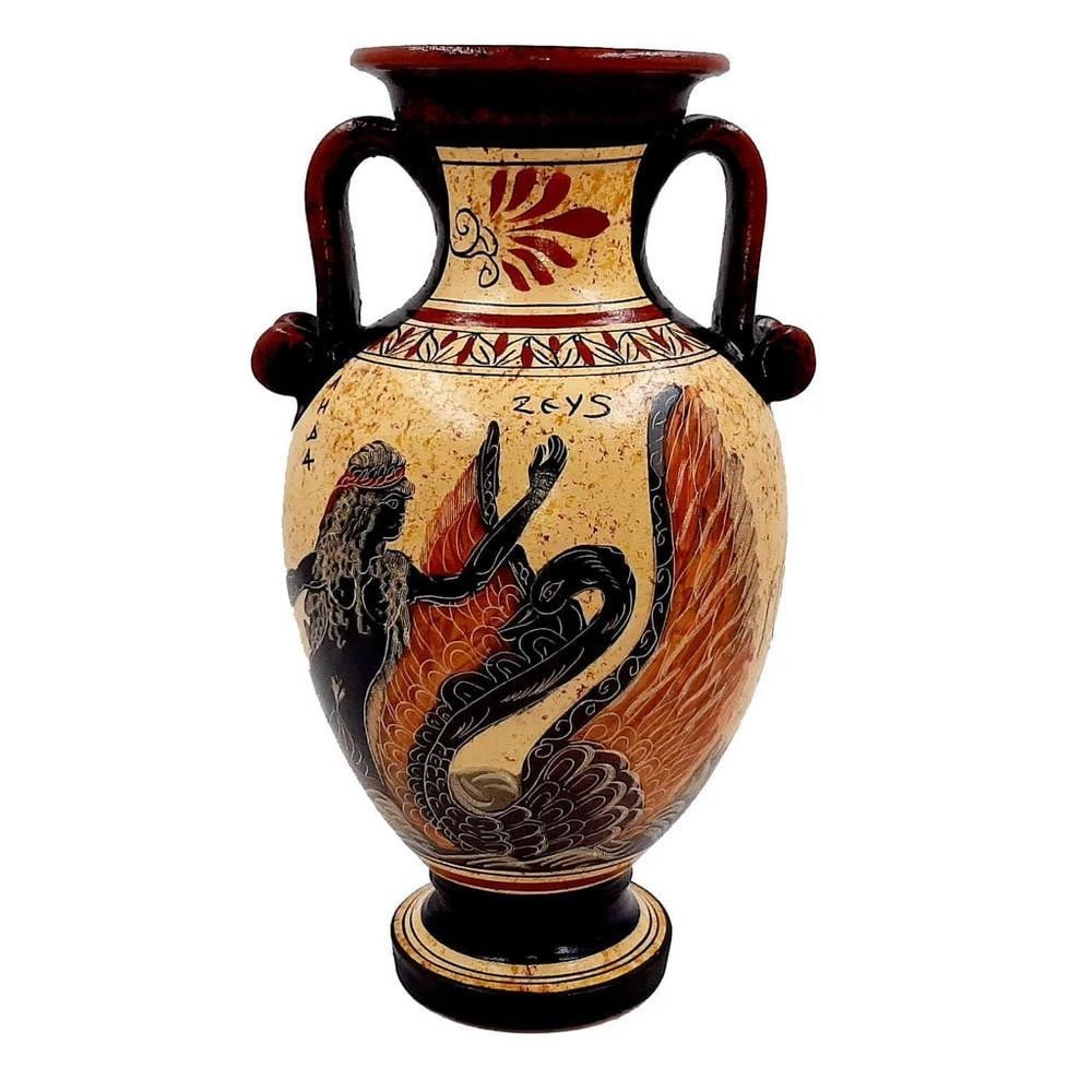 Greek Pottery Amphora - Zeus with Leda and Triton Replica: Greek Pottery Amphora - Zeus with Leda and Triton Reproduction This hand-crafted and hand-painted Greek amphora is a faithful replica inspired by Archaic period pottery of the 6th century BC.