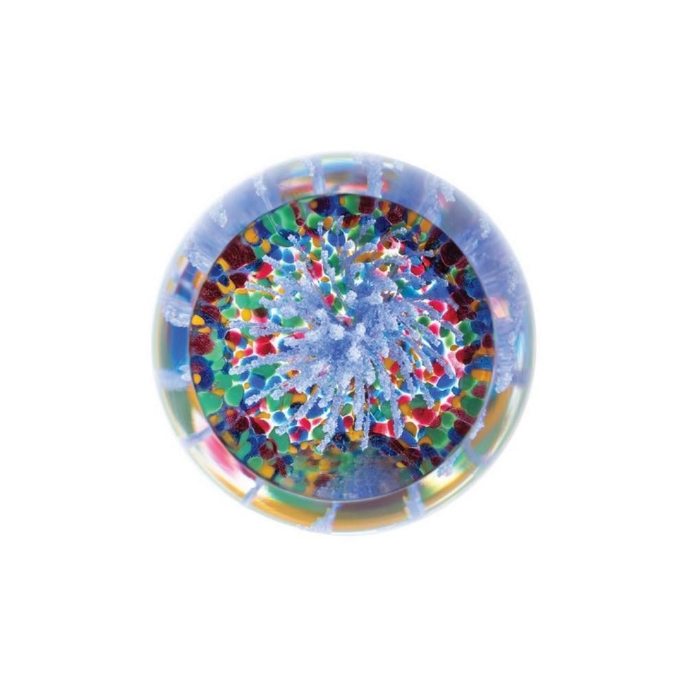 Blue Celebration Paperweight: Blue Celebration Paperweight A handcrafted glass paperweight featuring an explosion of vibrant blue, reminiscent of celebratory bursts against a night sky. A striking decorative accent that adds color