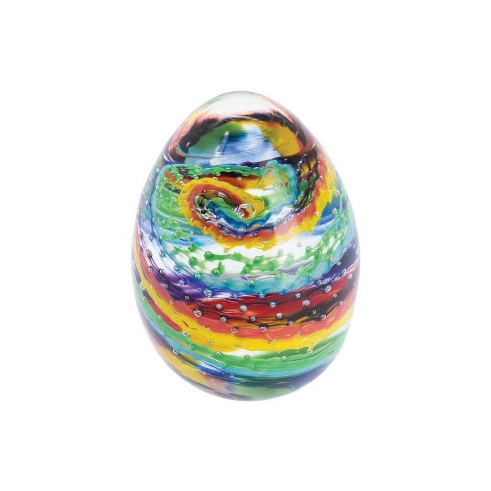 Rainbow Radiance Paperweight: Rainbow Radiance Paperweight A handcrafted glass paperweight featuring swirling rainbow spirals suspended within a sea of bubbles. Its vibrant colors and playful design create a joyful and uplifting d