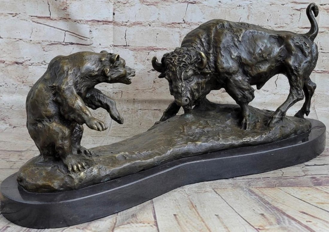 A Wild Encounter Battle of a Bear and Bison Bronze Sculpture - 9" x 21" (1 of 8)