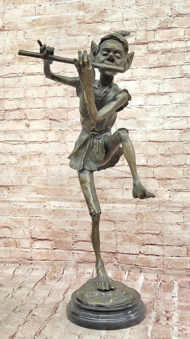 Whimsical Bronze Leprechaun Sculpture - Dancing Flute Player - 31" x 20": Whimsical Bronze Leprechaun Sculpture - Dancing Flute Player - 31" x 20" This original limited edition bronze sculpture by M. Lopez (Milo) captures the playful spirit of a leprechaun joyfully 