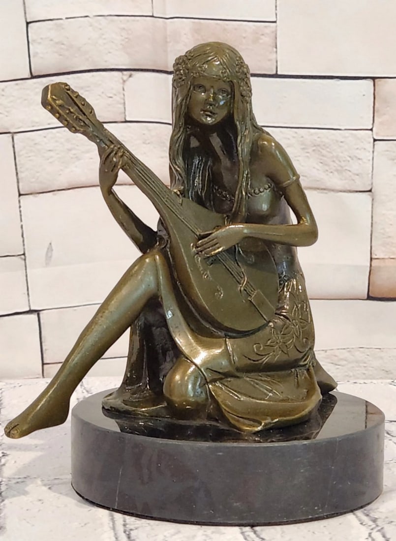 Girl Playing Mandoline Bronze Sculpture by Jean Patoue - 8.5" x 7": Girl Playing Mandoline Bronze Sculpture by Jean Patoue - 8.5" x 7" Introducing a Bronze Sculpture: This depiction of a young girl playing a mandoline is handcrafted with attention to detail. T