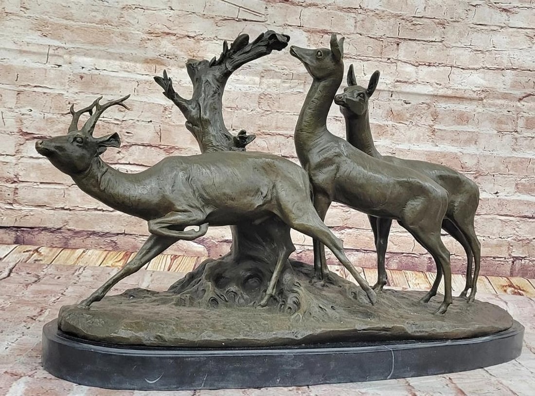 Majestic Stag and Deer Bronze Sculpture Inspired by Fiot - 16.5" x 25": Majestic Stag and Deer Bronze Sculpture Inspired by Fiot - 16.5" x 25" This commanding bronze sculpture by Fiot captures the grace and nobility of a stag and two female deer in exquisite detai