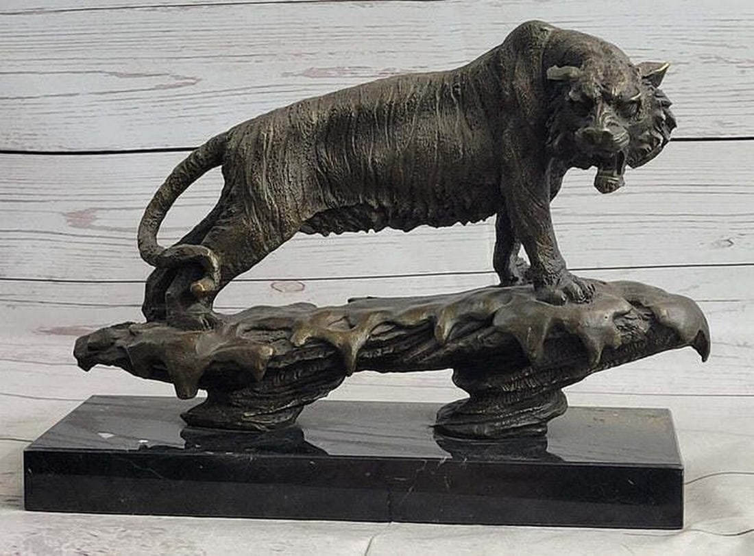 Artisan-Crafted, Autographed Bugatti Tiger: Exquisite Solid Bronze Wildlife Sculpture - 9.5" X 12": Immerse yourself in the wild beauty of nature through the captivating bronze sculpture entitled "Bugatti Tiger Wildlife." Artfully crafted by skilled hands, this striking piece intricately cap