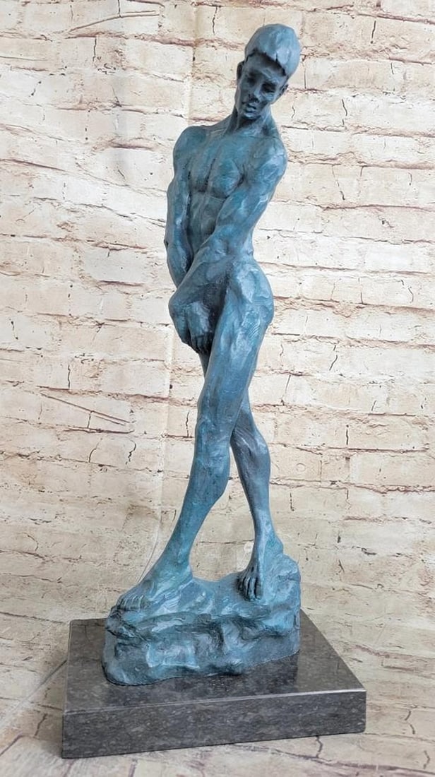 Adam Reproduction Bronze Sculpture: Adam Reproduction Bronze Sculpture This captivating bronze sculpture, is a reproduction of Auguste Rodin's renowned "Adam", beautifully rendered in a rich green patina. The male nude, depicted