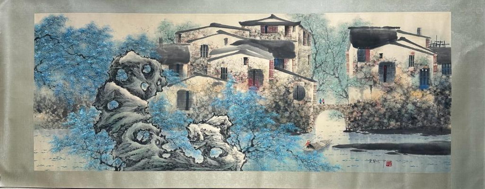 Village Serenity in Blue - Inspired Painting by Wu Guanzhong: Village Serenity in Blue - Inspired Painting by Wu Guanzhong This tranquil handpainted paper artwork, inspired by the modernist style of Wu Guanzhong, depicts a peaceful riverside village nestled amon