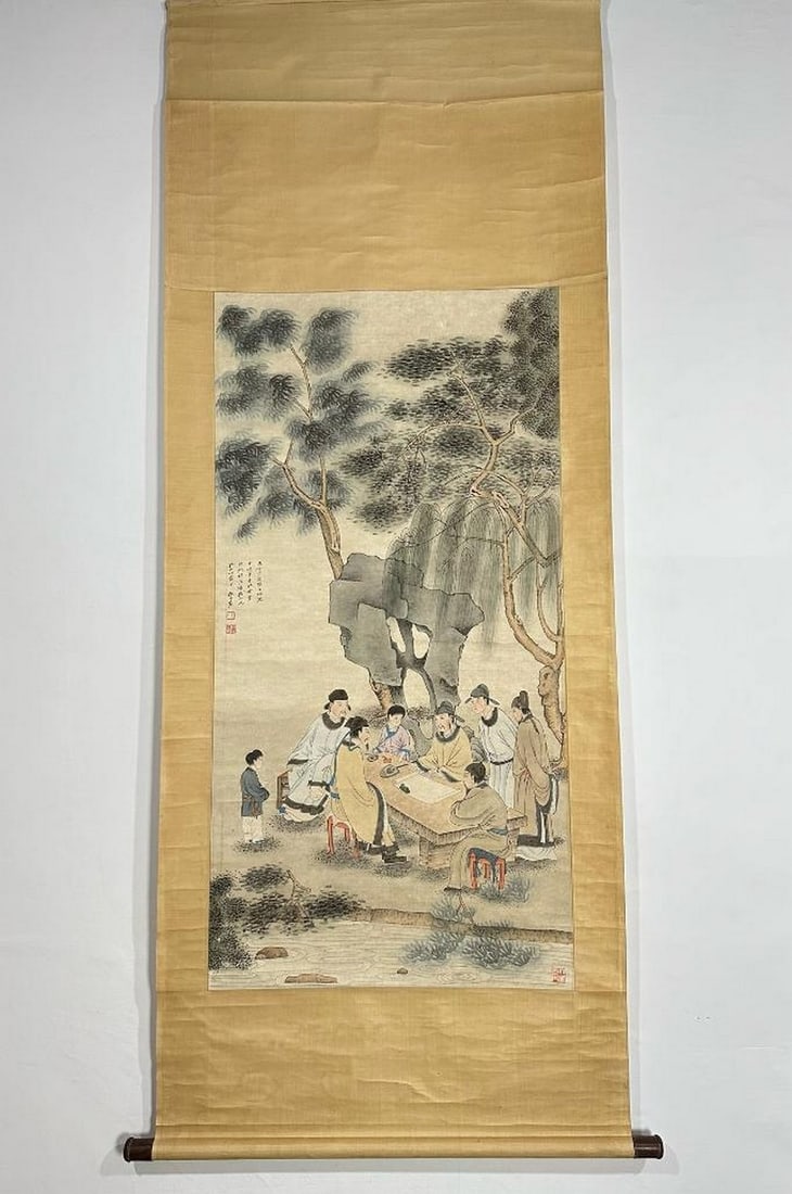 Gathering by the Stream Inspired Scroll Painting by Zhang Daqian: Gathering by the Stream Inspired Scroll Painting by Zhang Daqian This richly detailed handpainted paper scroll, inspired by the expressive style of Zhang Daqian, portrays a group of robed figures gath