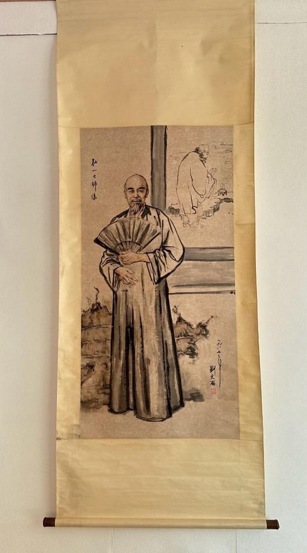 Portrait of Quiet Reflection - Inspired Scroll by Liu Wenxi: Portrait of Quiet Reflection - Inspired Scroll by Liu Wenxi This expressive handpainted paper scroll, inspired by the realist style of Liu Wenxi, features a contemplative figure in traditional attire 