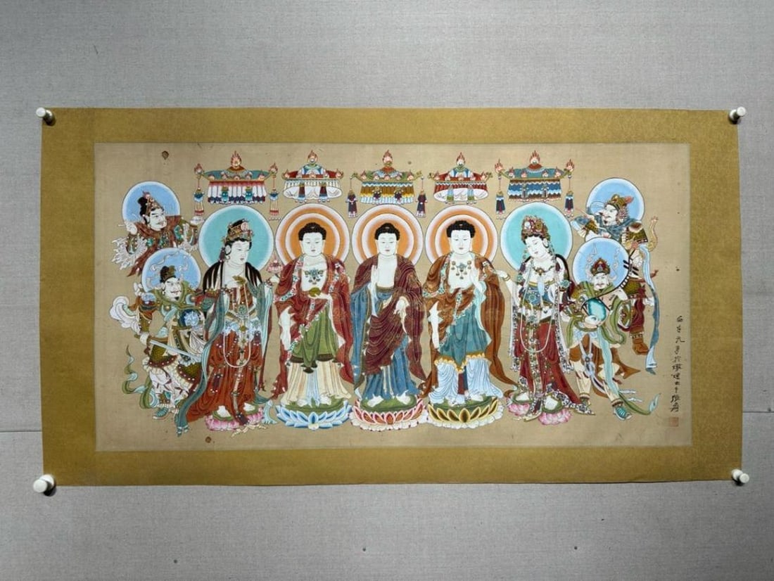 Buddhist Assembly of Light - Inspired Scroll by Zhang Daqian: Buddhist Assembly of Light - Inspired Scroll by Zhang Daqian This majestic handpainted paper scroll, inspired by the spiritual grandeur of Zhang Daqian, features a celestial gathering of Buddhas and B