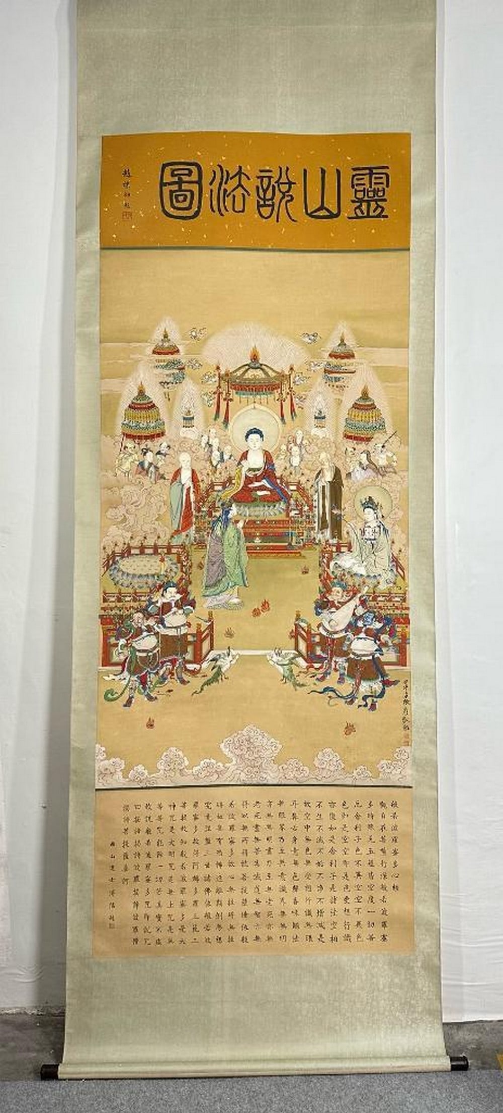 Sacred Assembly at Vulture Peak - Inspired Scroll by Zhang Daqian: Sacred Assembly at Vulture Peak - Inspired Scroll by Zhang Daqian This grand handpainted paper scroll, inspired by the spiritual artistry of Zhang Daqian, depicts a celestial gathering of Buddhas, Bod