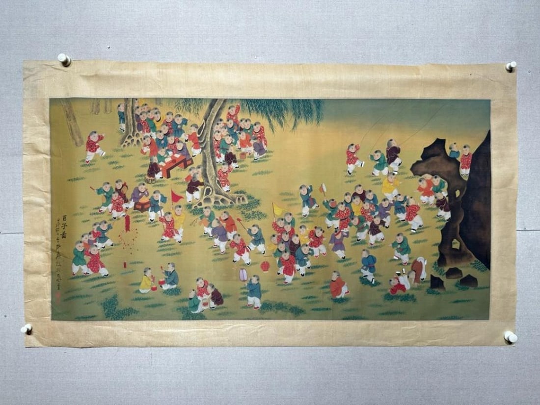 Children at Play in Spring Garden - Inspired Painting by Zhang Daqian: Children at Play in Spring Garden - Inspired Painting by Zhang Daqian This joyful handpainted silk artwork, inspired by the vibrant style of Zhang Daqian, captures a lively scene of children engaged i