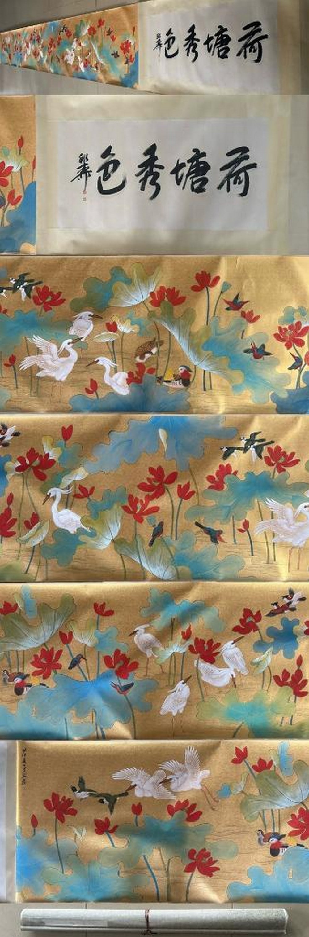 Lotus and Birds in Harmony - Inspired Long Scroll by Zhang Daqian: Lotus and Birds in Harmony - Inspired Long Scroll by Zhang Daqian This magnificent handpainted paper scroll, inspired by the lyrical style of Zhang Daqian, stretches across 7.5 meters to reveal a vibr