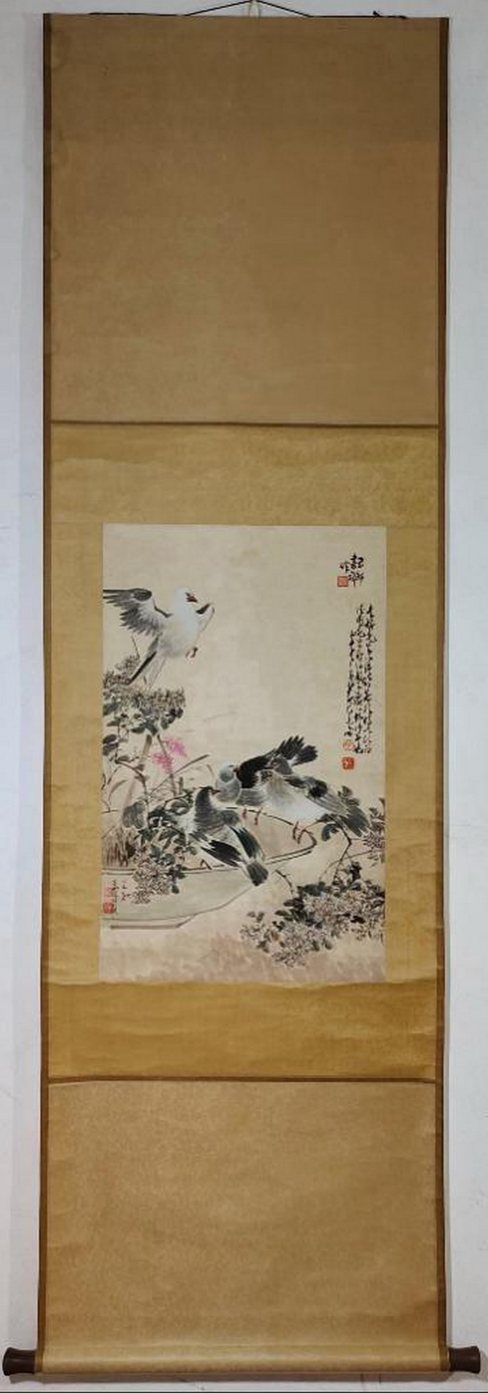 Birds Among Blossoms Inspired Scroll Painting by Zhang Shulv and Zhao Shao'ang: Birds Among Blossoms Inspired Scroll Painting by Zhang Shulv and Zhao Shao'ang This delicate handpainted scroll, inspired by the expressive styles of Zhang Shulv and Zhao Shao'ang, features birds in f