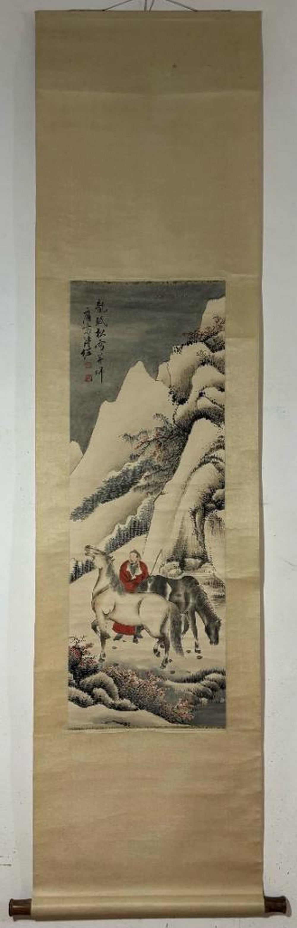 Winter Refuge Inspired Scroll Painting by Fu Zuo: Winter Refuge Inspired Scroll Painting by Fu Zuo This evocative handpainted scroll, inspired by the contemplative style of Fu Zuo, portrays a serene snow-covered mountain landscape. A lone figure in r
