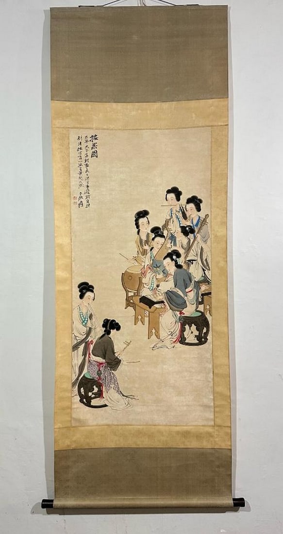 Cultural Gathering Inspired Scroll Painting by Zhang Daqian: Cultural Gathering Inspired Scroll Painting by Zhang Daqian This vibrant handpainted paper scroll, in the expressive tradition of Zhang Daqian, depicts a refined scene of adults engaged in social and 
