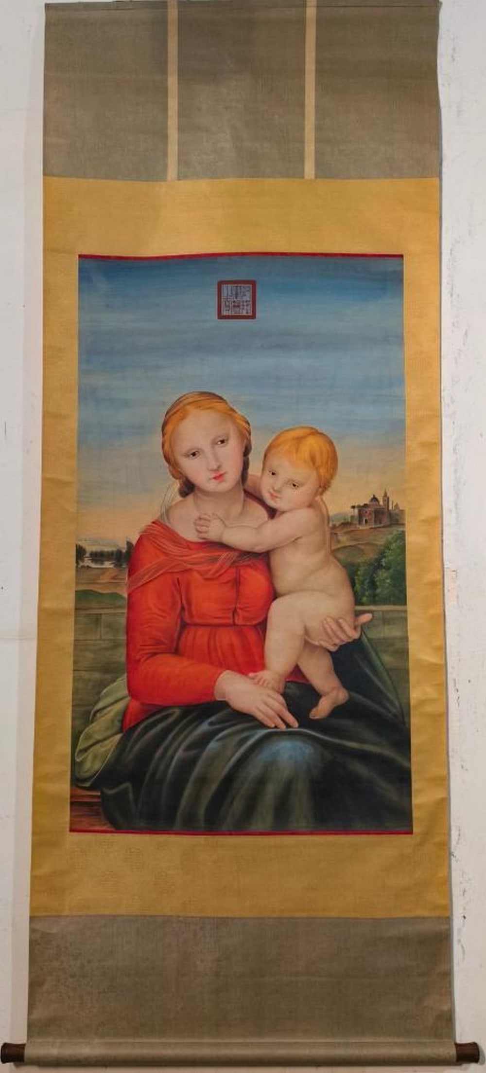 Madonna and Child Inspired Scroll Painting by Lang Shining: Madonna and Child Inspired Scroll Painting by Lang Shining This elegant handpainted silk scroll, inspired by the cross-cultural artistry of Lang Shining, features a serene woman in a flowing red gown 