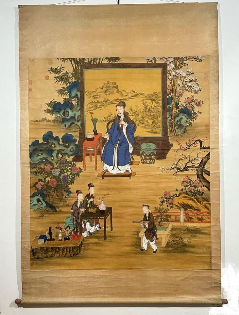 Courtly Elegance Inspired Scroll Painting by Lang Shining: Courtly Elegance Inspired Scroll Painting by Lang Shining This grand silk scroll, inspired by the refined artistry of Lang Shining, presents a richly detailed scene of a noble figure seated in a cerem
