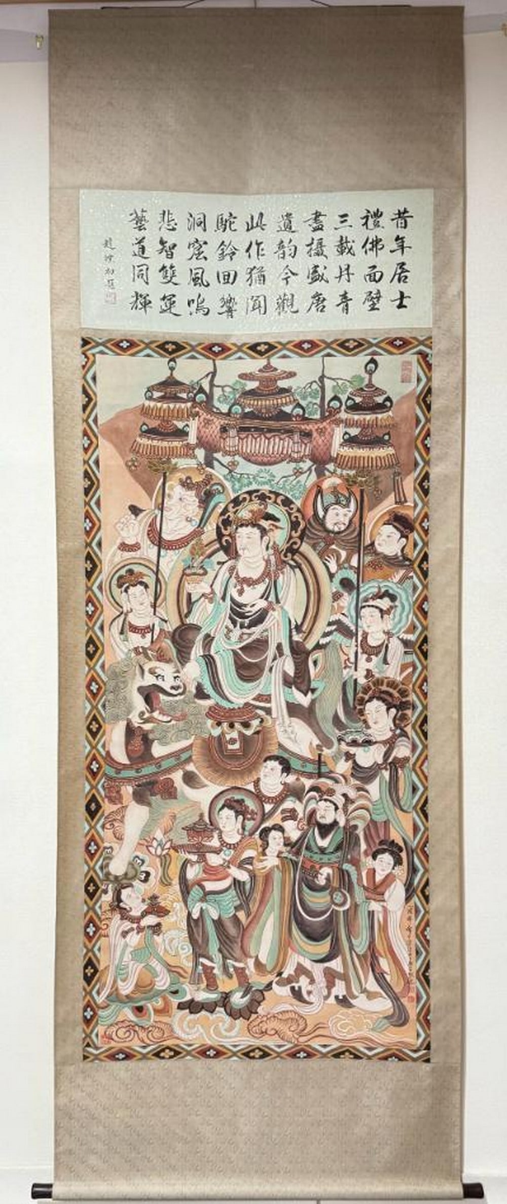 Celestial Assembly Inspired Scroll Painting by Zhang Daqian: Celestial Assembly Inspired Scroll Painting by Zhang Daqian This majestic handpainted paper scroll, inspired by the spiritual elegance of Zhang Daqian, portrays a divine gathering centered around a se