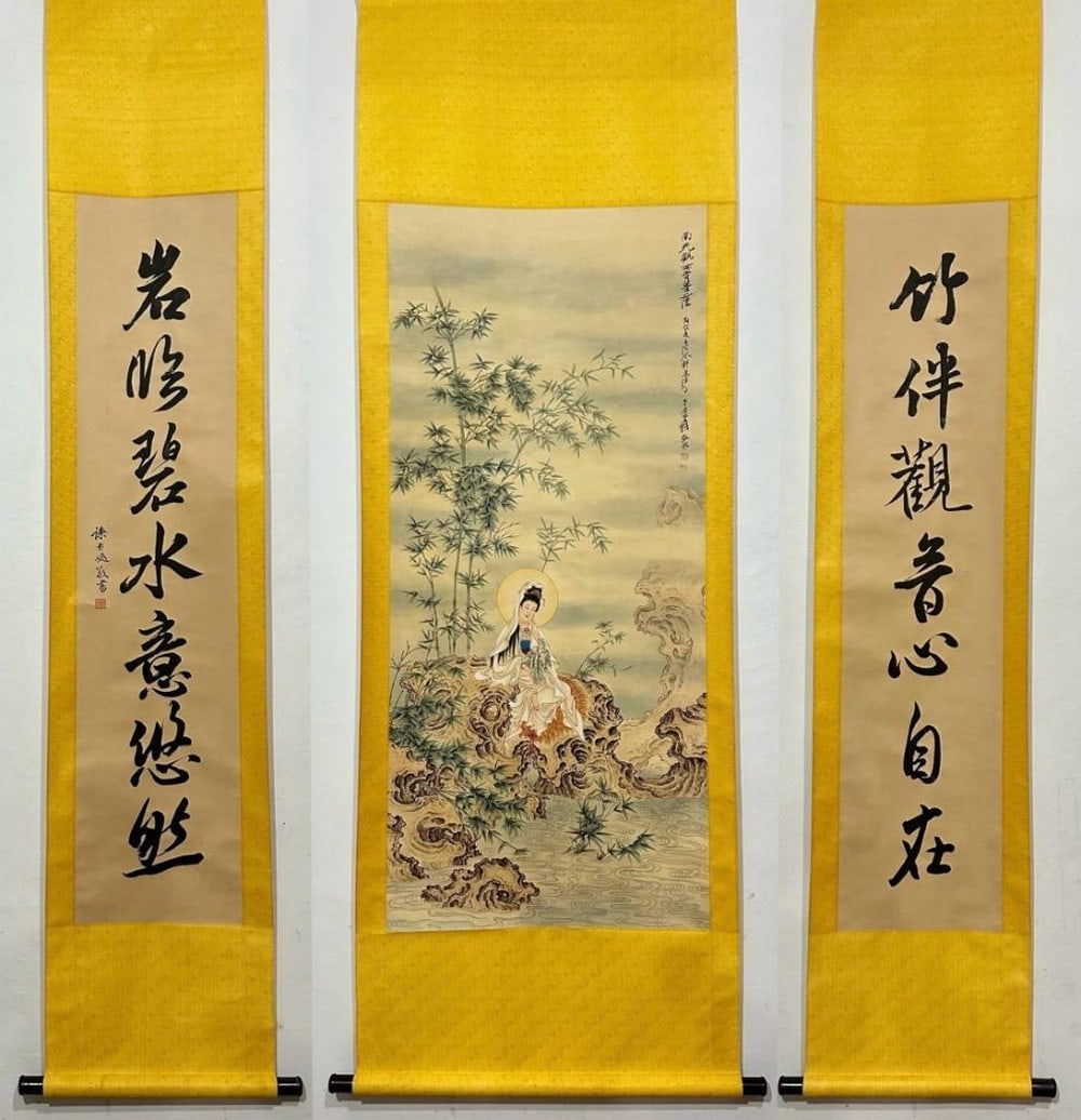 Guanyin in Bamboo Grove Inspired Scroll Painting by Zhang Daqian: Guanyin in Bamboo Grove Inspired Scroll Painting by Zhang Daqian This serene handpainted silk scroll, inspired by the spiritual elegance of Zhang Daqian, features Guanyin seated in quiet