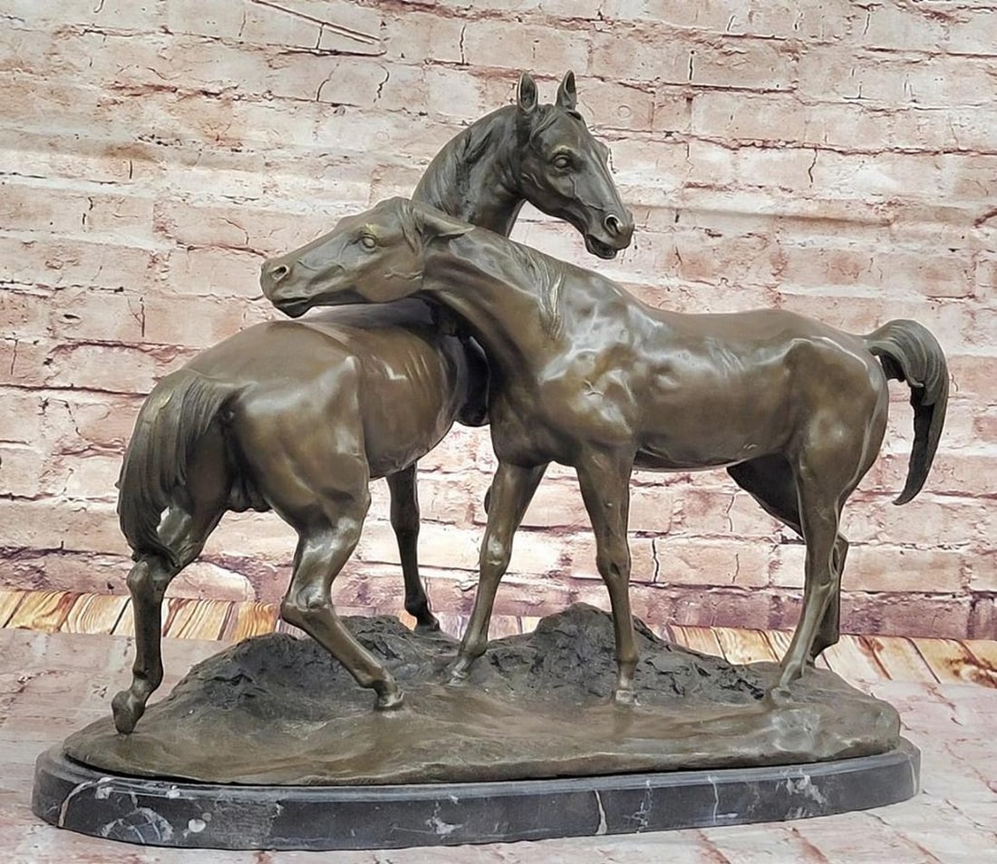 Bronze Horse Sculpture Pair after Mene - 17" x 23": Bronze Horse Sculpture Pair after Mene - 17" x 23" This bronze sculpture depicts a pair of horses in a dynamic, intertwined composition inspired by Pierre Jules Mene's "L'accolade."