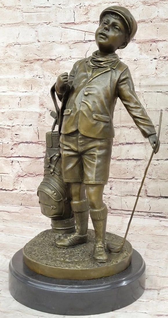 Caddy Boy Golfer Bronze Sculpture by Davidson - 18" x 8.75": Caddy Boy Golfer Bronze Sculpture by Davidson - 18" x 8.75" This bronze sculpture depicts a young golfer in mid-swing, rendered with attention to posture, balance, and movement. The figure emp