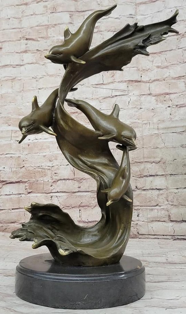 Pod of Dolphins Exploring Bronze Statue - 18" x 13.5": Pod of Dolphins Exploring Bronze Statue - 18" x 13.5" This exquisite bronze statue, crafted by the talented American artist Williams, beautifully captures the harmonious elegance of four dolph