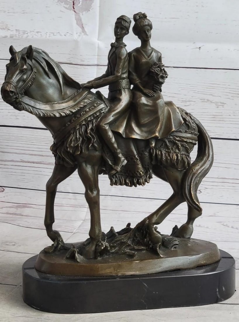 Signed Original Elegant Bride and Groom on Horse Back Bronze Sculpture by Milo - 11" x 8.5": Signed Original Elegant Bride and Groom on Horse Back Bronze Sculpture by Milo - 11" x 8.5" Witness the beauty and elegance of love with this exquisite bronze sculpture titled "Elegant Bri