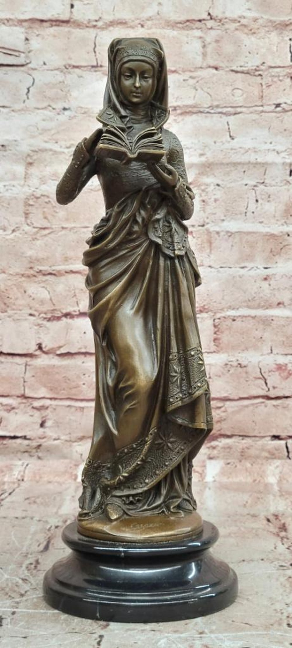 Reading Woman Authentic Bronze Sculpture by Cesaro - 13.5" x 4.5": Reading Woman Authentic Bronze Sculpture by Cesaro - 13.5" x 4.5" Unveiling an elegant bronze sculpture signed by the artist Cesaro, this refined piece depicts a woman standing in a quiet mome