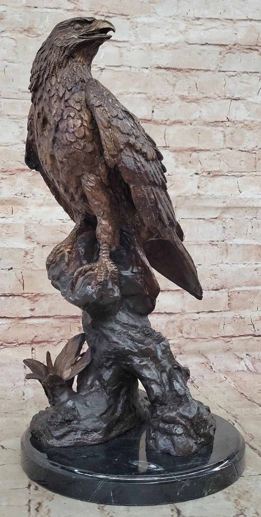 Two-Tone American Bald Eagle Bronze Sculpture on Marble Base - 18" x 9": Two-Tone American Bald Eagle Bronze Sculpture on Marble Base - 18" x 9" This bronze sculpture depicts a majestic American bald eagle perched on a branch, capturing the bird's power, grace, and
