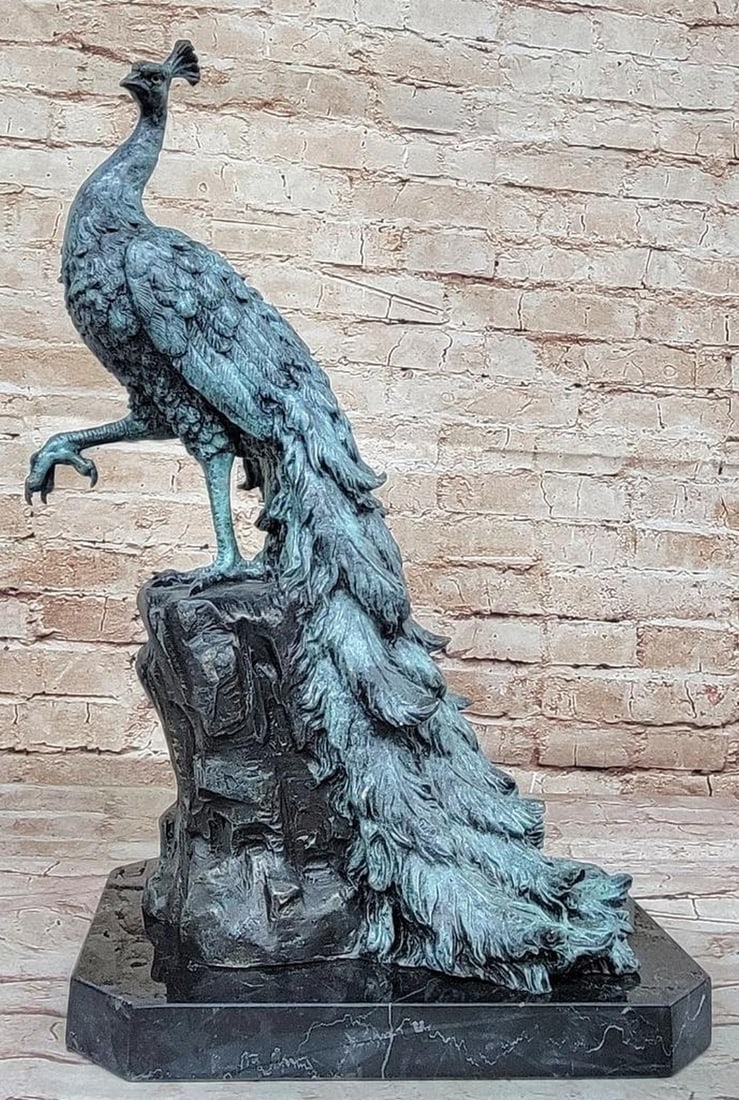 Original Signed Milo Peacock Bronze Sculpture on Marble Base - 20" x 12": Original Signed Milo Peacock Bronze Sculpture on Marble Base - 20" x 12" This bronze sculpture captures a peacock in a moment of subtle grace, head bowed while its tail fans to reveal a stunni